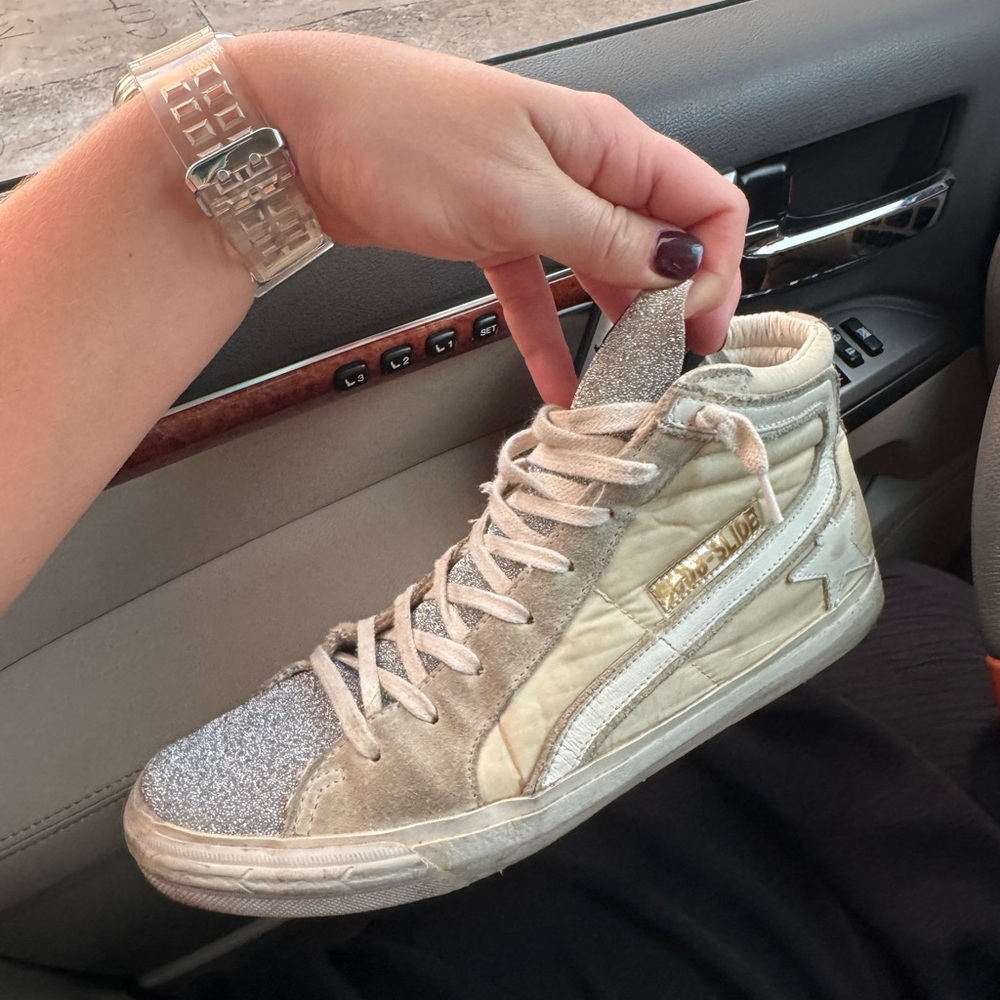 Golden Goose Swaroski Silver and Cream High-Top Sneakers